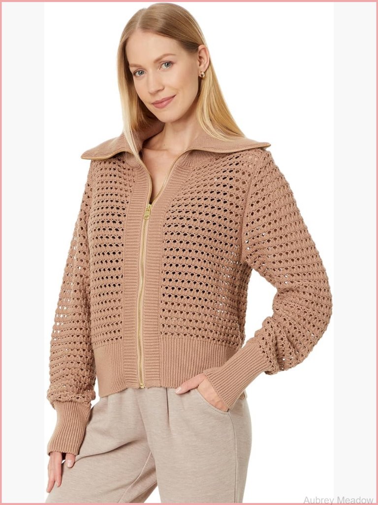 Full Zip Knit Cardigan, Long Sleeve Waffle Weave, Lightweight, Regular Fit